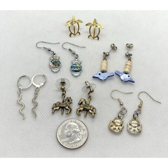 Lot of 6 Pairs Dangle Drop Pierced Earrings Animal Cat Turtle Owl Snake Bird - Picture 2 of 11